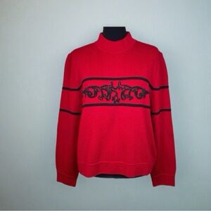 St. John Collection VTG Catalina Red & Black Embroidery Zip Shoulder Sweater L